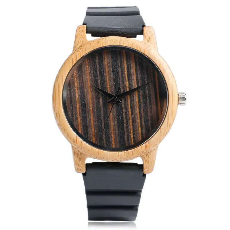 

Simple Handmade Wooden Nature Wood Bamboo Wrist Watch Men Women Silicone Band Rubber Strap Vertical Stripes Quartz Casual Gift