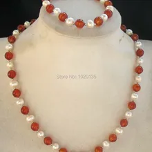 Пресноводный жемчуг Белый округлый и красный агат ожерелье из ограненных камней браслет 1" fppj оптом