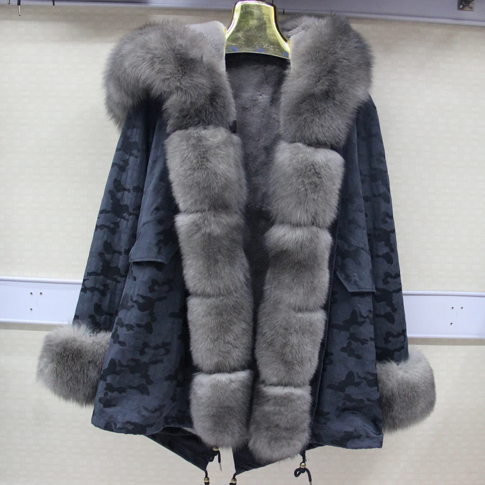 

Real fox fur hood and placket Camouflage fur coat women's outwear detachable winter rex rabbit fur lining jacket