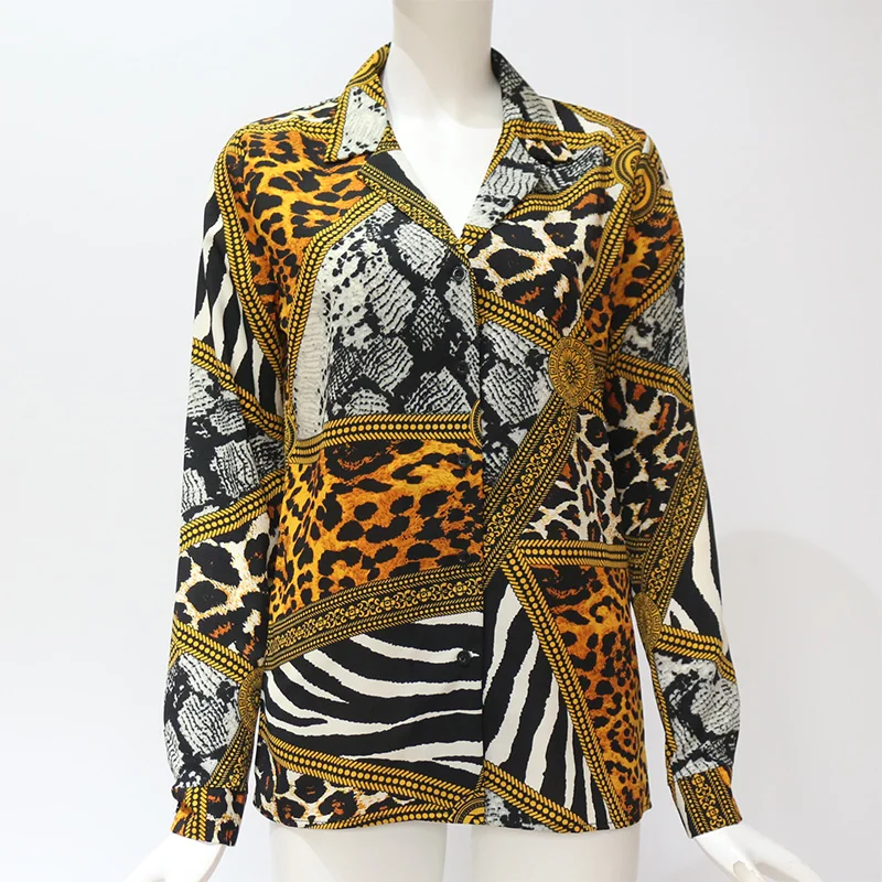 Женская блузка, повседневные шифоновые Женские топы с длинным рукавом, сексуальные топы с v-образным вырезом, леопардовая, змеиная расцветка, зебра, полосатая Лоскутная Туника, рубашки