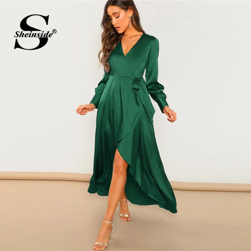 Emerald Green Long Sleeve Wrap Dress on ...