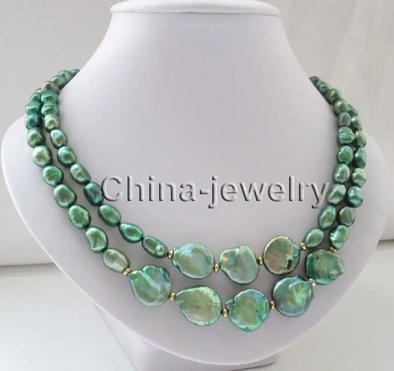 

P7528 - 2row 18"-19" 9-11-17mm green freshwater pearl necklace - GP clasp