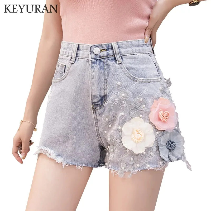 Embroidery Flowers Beading Pearls Hole Denim Shorts For Women 2019 Summer New Trendy Slim Casual Womens High Waist Hot | Женская одежда