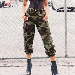 2019 для женщин камуфляж брюки для девочек хлопок с камуфляжным принтом зеленые армейские брюки Chic уличная Дамы Высокая талия брюки карго