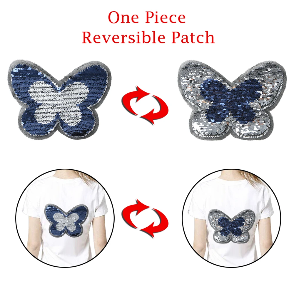 

1PC Reversible DIY Blue Butterfly Sequins Sew On Patch for Clothes Crafts Coat Sweater Embroidered Paillette Patch Applique