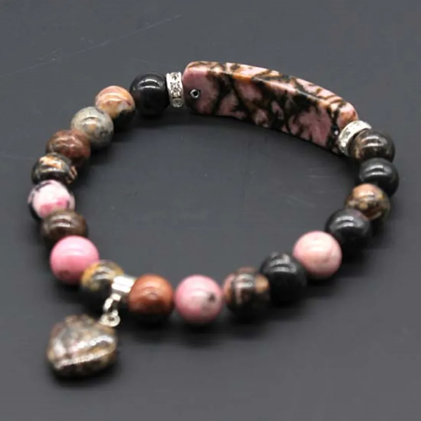 

Trendy-beads Ethnic Style Silver Plated Love Heart Connect Rectangle Rhodonite Stone Round Beads Bracelet