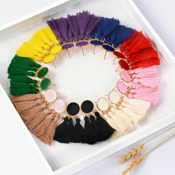 

Bohemian Long Statement Tassel Drop Earrings Luxury Resin Round Tassel Earrings For Women 8 Color Choice Dangle Earrings