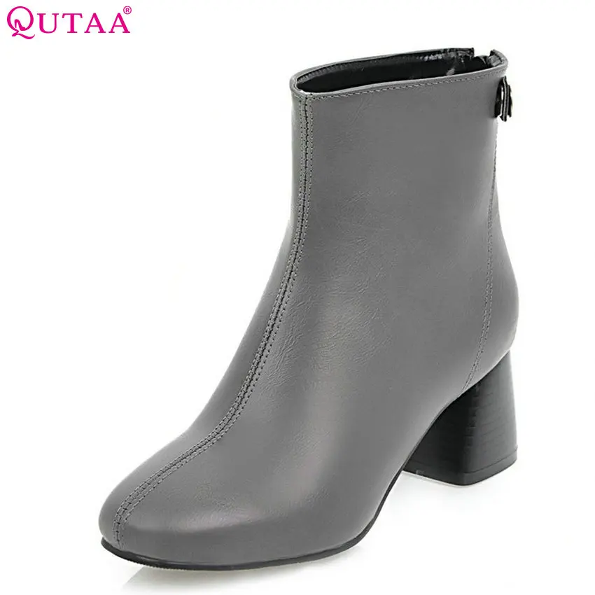 

QUTAA 2018 New Women Fashion Ankle Boots Pu Leather Square High Heel Zipper Soild Black All Match Ladies Bots Size 34-43