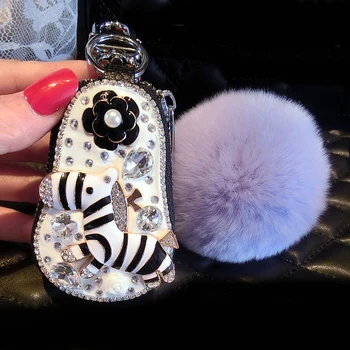 

Cute Cartoon Diamond Zebra Leather Car Key Case Key Cover Women Housekeeper Holders Car Keychain Crystal Zipper Key Pouch Case