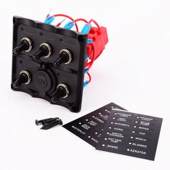 

5 Gang Marine Electric Blue LED Toggle Switch Panel with Power Socket 3.4x3.4 inch