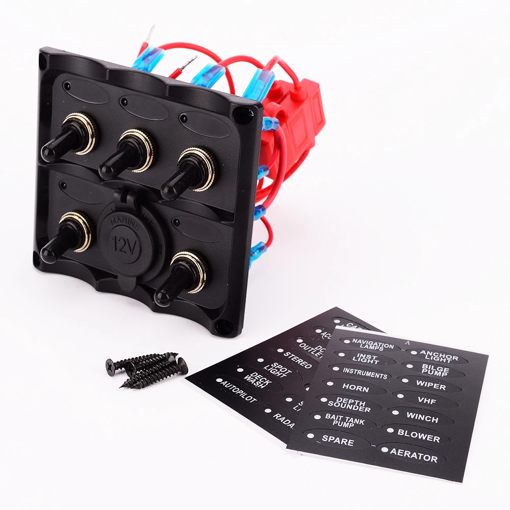5 Gang Marine Electric Blue LED Toggle Switch Panel with Power Socket 3