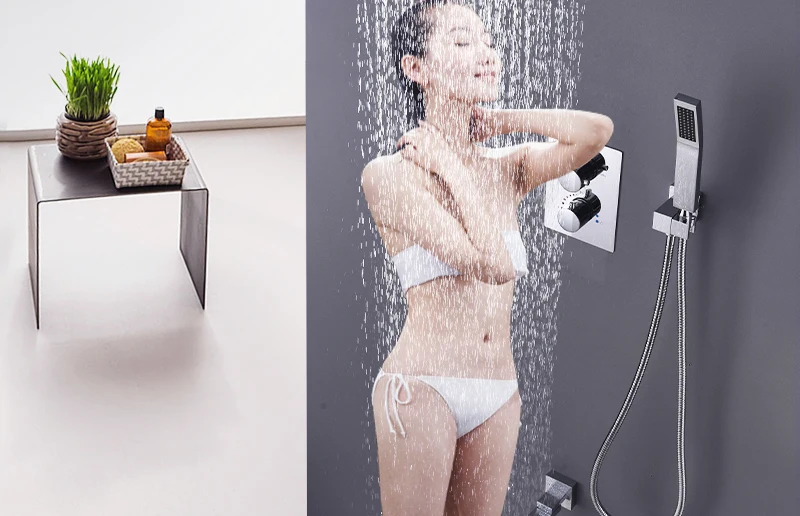10'' Wall Mounted Shower Faucet Bathroom Rainfall Shower System Set Thermostatic Faucets Tub & Handheld Sprayer Fold Mixer Tap (11)