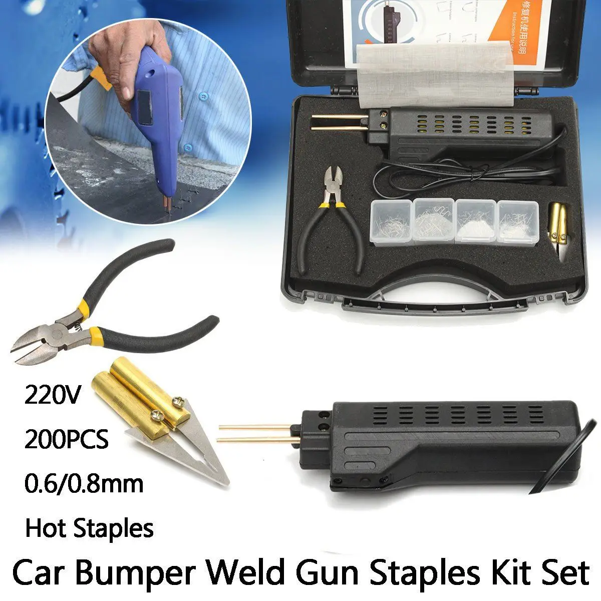 

220-250V Hot Stapler Car Bumper Plastic Welding Torch Fairing Auto Body Tool Welder Machine 0.6/0.8mm + 200 Staples