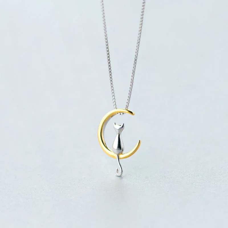 

2019 New Fashion Silver Lovely Moon Cat Crystal Kitten Pendant Pendant Necklaces for Women Simple Jewelry Necklaces