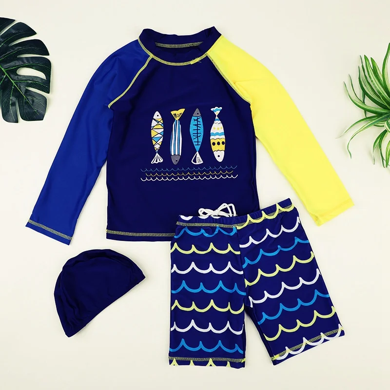 Дети Мальчики Модный Купальник для плавания для купания, сёрфинга Beathwear купальник, комплект из топа+ штанов+ Кепки комплект из 3 предметов для мальчиков купальный костюм, костюм для катания на лыжах - Цвет: Blue