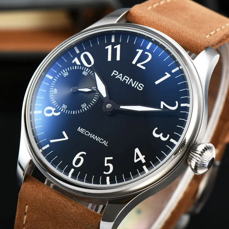 Parnis 44mm black dial Luminous Mechanical hand winding 6497 Men Watch Leather strap цена Parnis 44mm black dial Luminous Mechanical hand winding 6497 Men Watch Leather strap цены онлайн