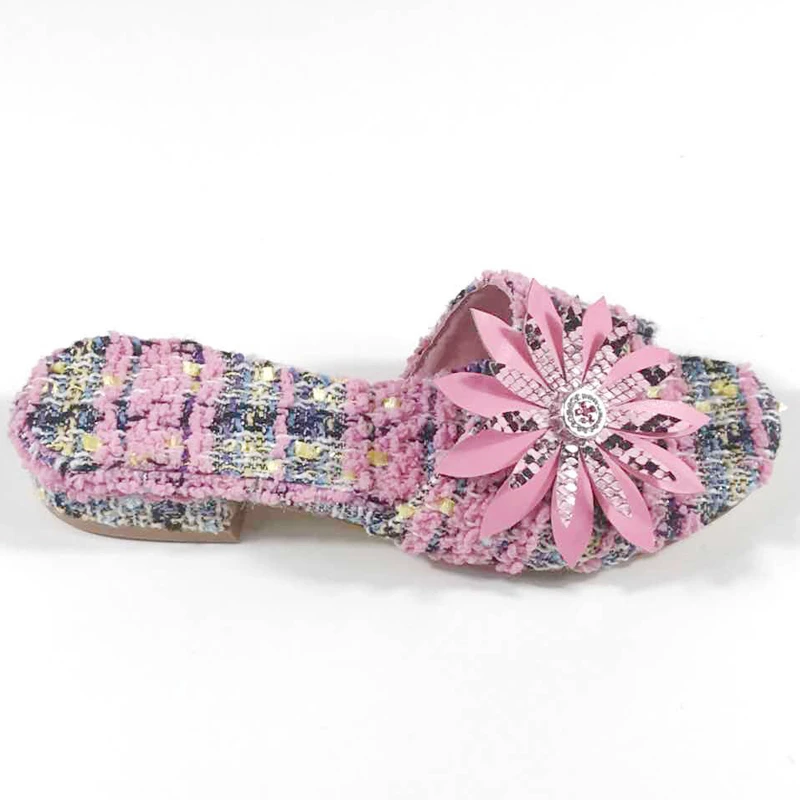

Cloth Slippers Women Summer Shoes Fashion Block Heels 2019 New Crystal Flowers Slippers Pink Yellow Genuine Leather Ladies Shoes