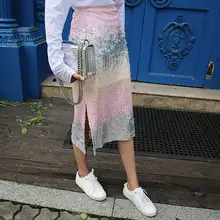 Женская юбка с блестками, модная, с разрезом по бокам, радужные, длинные, юбки-карандаш, для девушек, уличная, сексуальные, вечерние, юбки