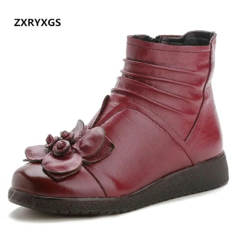

ZXRYXGS Brand Boots Flowers Retro Ankle Boots Women Shoes Boots 2018 New Winter Fashion Shoes Flat Non-slip Real Leather Boots