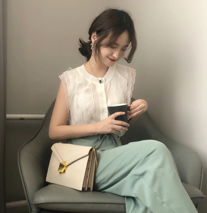 Модные летние кружево майка для женщин пикантные без рукавов 2019 корейский стиль