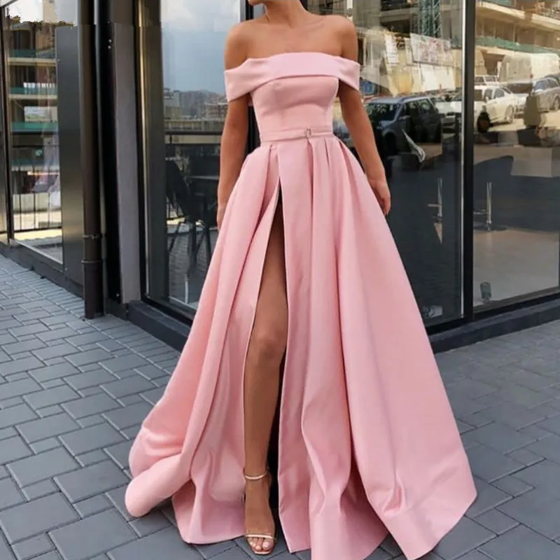 

Strapless Pink Off the Shoulder Evening Dresses Sexy Gala Dress High Slit A Line Satin Elegant Yellow Long Party Evening Gown