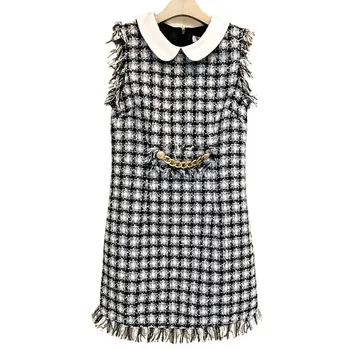

2019 New Runway designer Frill Trim Tweed Sleeveless High street women Dress Elegant Campus ladies mini Dresses Vestidos robes