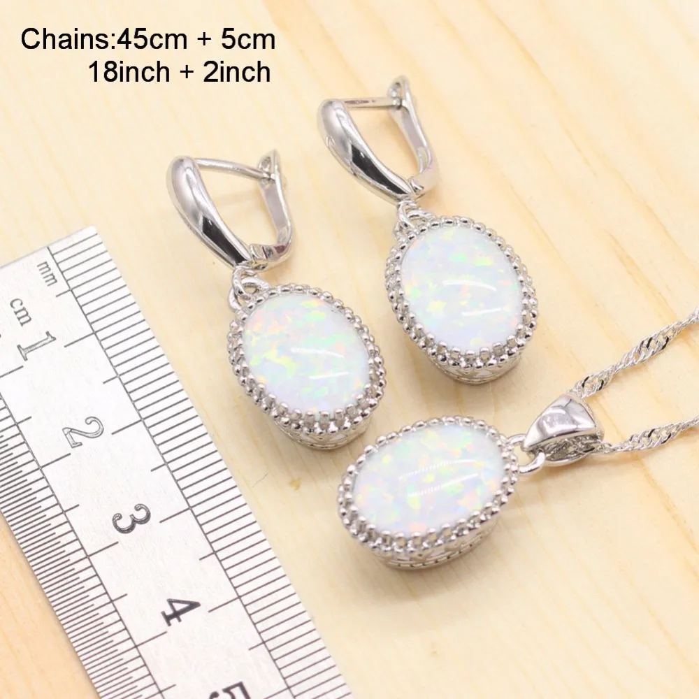 Beste Ronde Vrouwen 925 Sliver Sieraden Sets White Opal Ketting Hanger Oorbellen Trouwringen Opal Armband Sets voor Dance Party