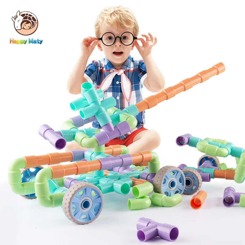 

New Water Pipe Building Blocks DIY Assembling Pipeline Tunnel Car Model Educational Toy Gift For Kids With Wheels Christmas Gift