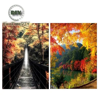 

FineTime 5D DIY Diamond Painting Autumn Forest Landscape Series Full Round Diamond Cross Stitch Mosaic Diamond Embroidery