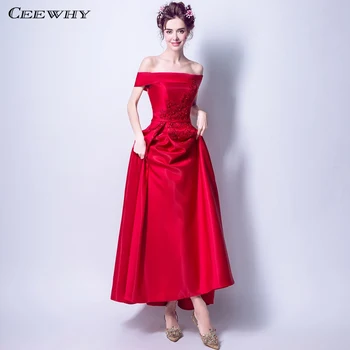 

CEEWHY Boat Neck Red Formal Dress Women Elegant Prom Party Gown Embroidered Evening Dresses Beaded Wedding Party Dresses Abiye