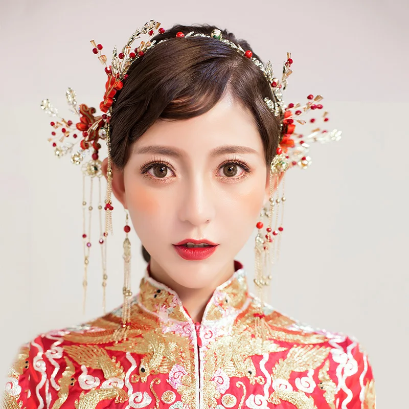 Himstory, китайский традиционный золотой красный свадебный головной убор, украшение для волос, ручная работа, длинная Цветочная повязка на голову, заколки для волос, головной убор