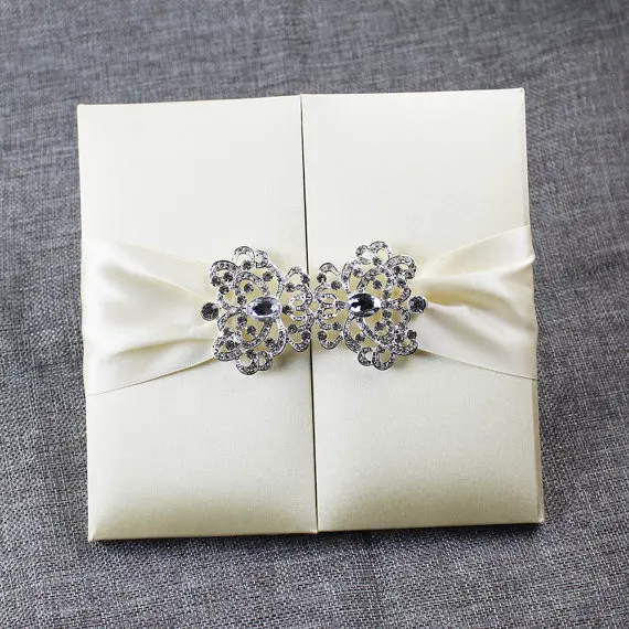  Handmade faux silk folio wedding invitation with stunning rhinestone embellishment - 32809183718