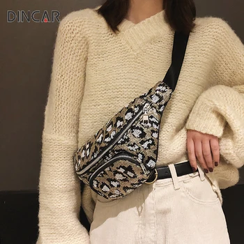 

DINCAR New Brand Fashion Women Waist Packs Pillow Sequin Bags Leopard Ladies Pockets Chest Bag Unisex Fanny Pack Ladies Purse
