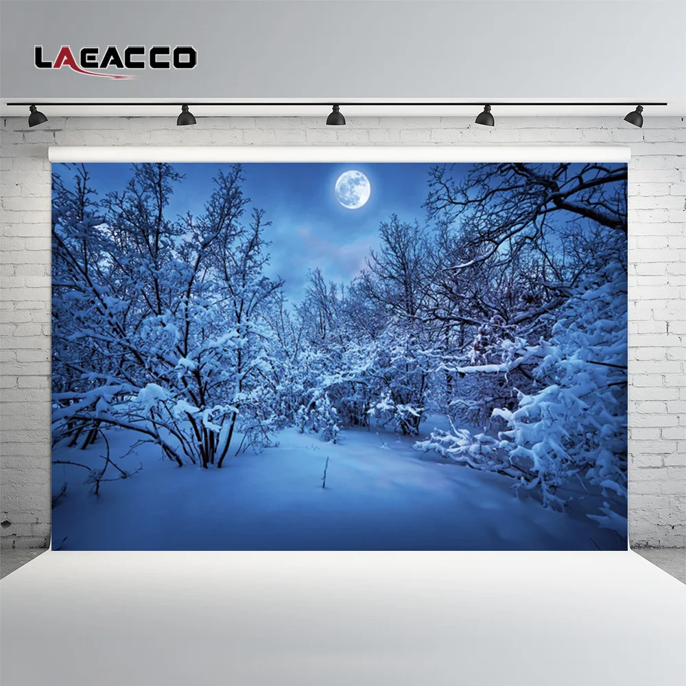 

Laeacco Winter Snow Moon Night Forest Tree Scenic Photography Backgrounds Vinyl Custom Photographic Backdrops For Photo Studio