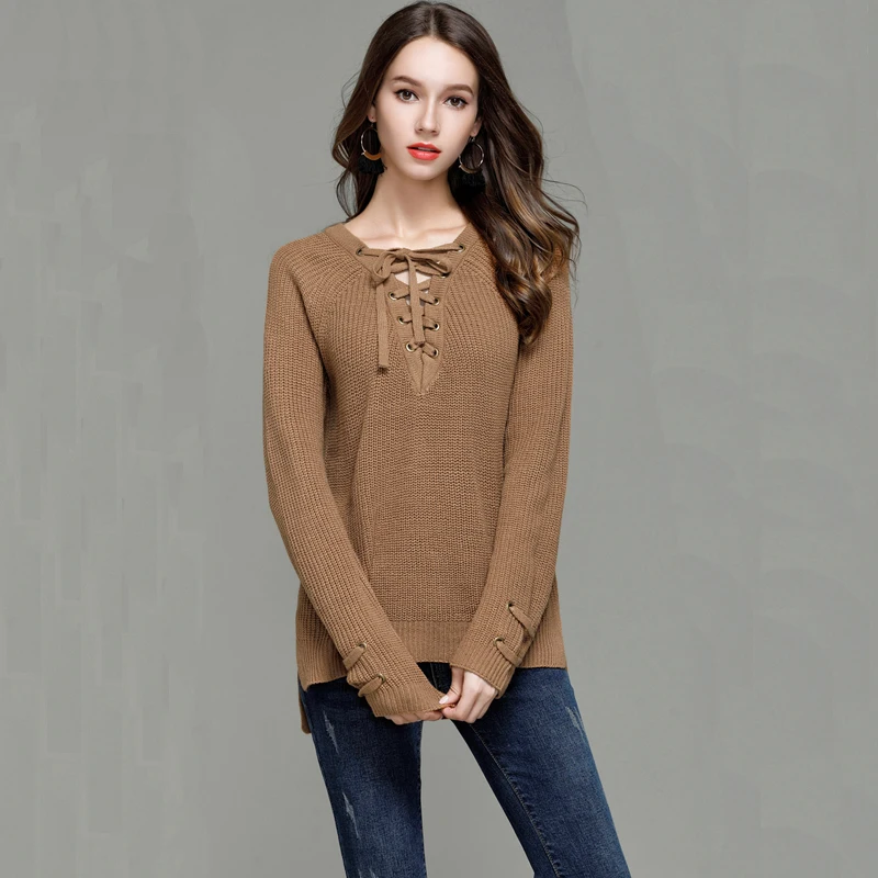 LOSSKY Autumn Winter Pullover Women Jumper O Neck Lace Up Long Sleeve Sweater Female Knitted Jumper Ladies Slim Knit Tops 2018 LOSSKY Autumn Winter Pullover Women Jumper O Neck Lace Up Long Sleeve Sweater Female Knitted Jumper Ladies Slim Knit Tops 2018