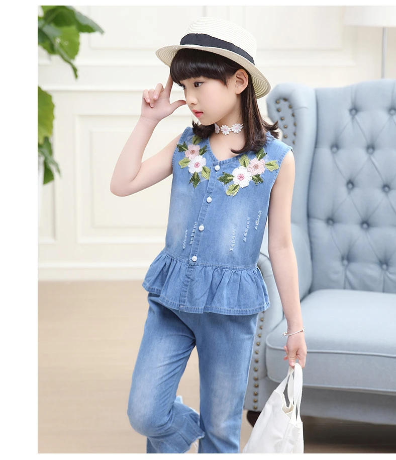 3-12 y summer girls clothes set denim outfits fashion sets for girl sleeveless embroidery top flared trousers children's sets (3)