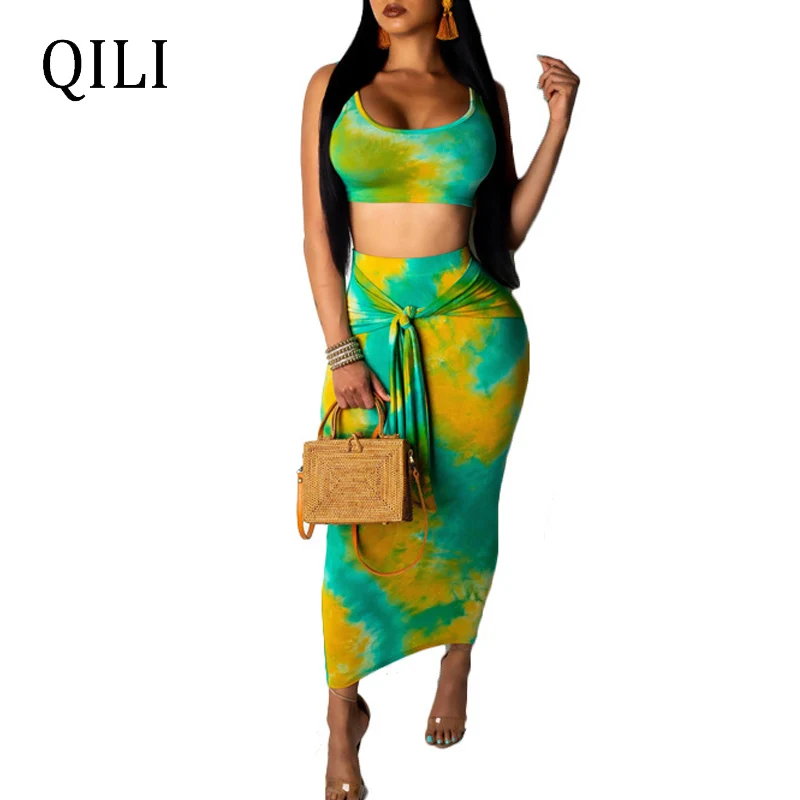 

QILI Two Piece Set Bandage Dress Women O Neck Tank Top 2 Pcs Tie Dyeing Printed Bodycon Dresses Boho Fashion Elegant Lady Dress