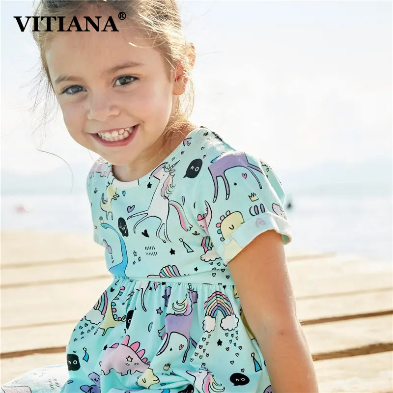 

Girls Cartoon Casual Dress 2019 Summer Children Bohemian Short Sleeve O-Neck Kids Horse Green Beach A-Line Party Dresses 2-7T