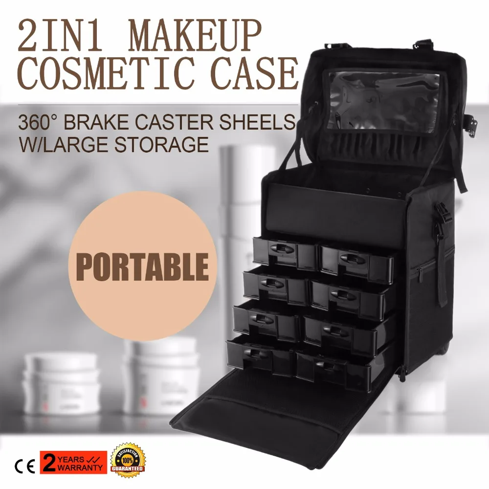 

2 in 1 Makeup Case Rolling Hairdressing Bag Beauty Trolley Nail Cosmetic Box