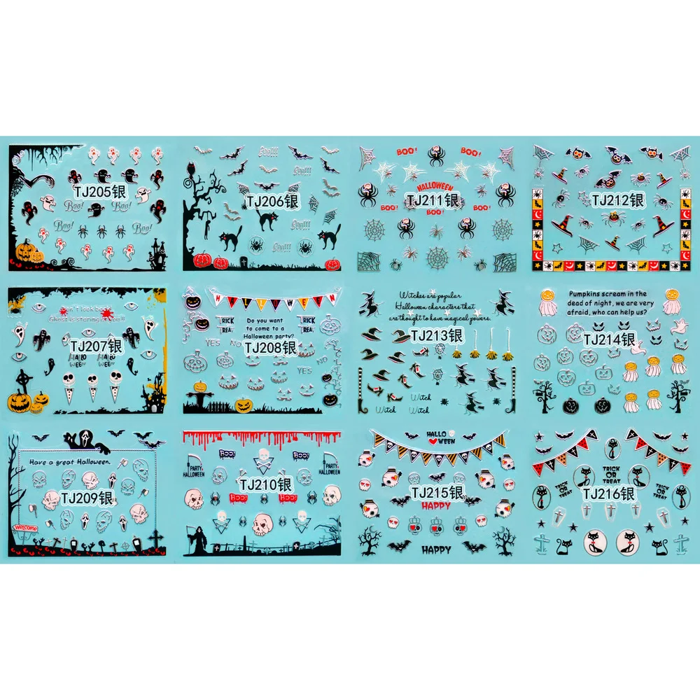 

12 SHEETS / LOT GOLDEN & SILVERY INAID 3D METALLIC NAIL DECAL SELF ADHESIVE STICKER HALLOWEEN WITCH GHOST TJ205-216