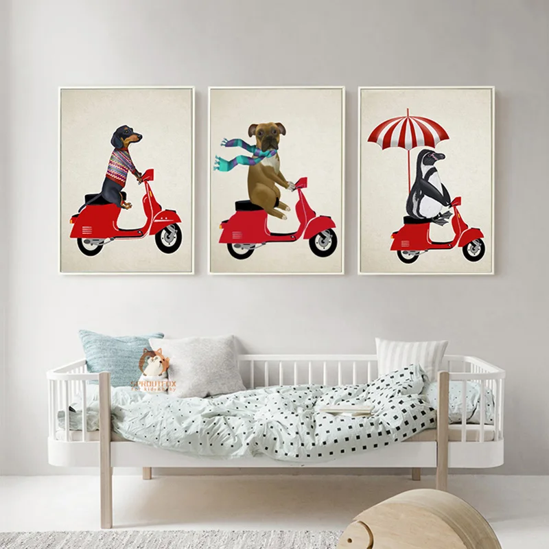 Anjing Naik Sepeda Motor Kartun Hewan Kanvas Cetak Lukisan Poster