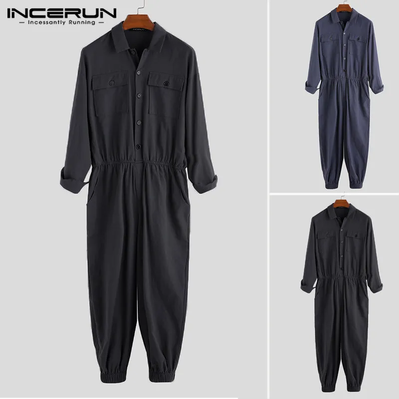

INCERUN Men's Trend Retro Solid Color Lapel Long Sleeve Tooling Jumpsuit Personality Jumpsuit Men Suit New 2019 Fashion Tumpsuit