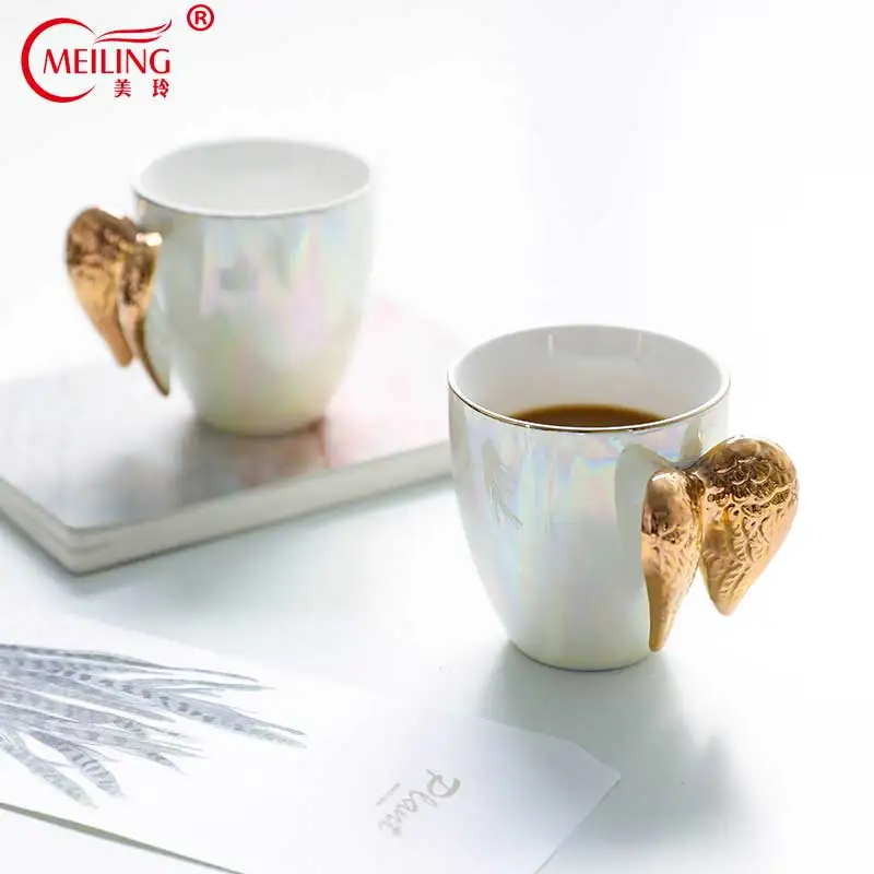 

Unique Gold Angel Wing Mug Ceramic Pearl White Cute Milk Cup For Breakfast Coffee Latte Creative Birthday Gift For Her Mom Women