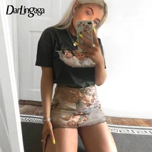 Darlingaga модная сетчатая мини-юбка с принтом Купидона, высокая талия, милые оборки на подкладке, женская короткая летняя юбка, сексуальные юбки