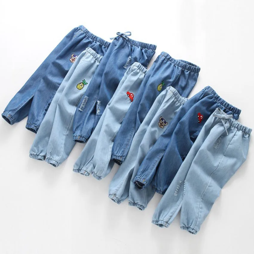 Benemaker/Новые Детские эластичные штаны для мальчиков; летние модные хлопковые От 2 до 8 лет для девочек; Детские рваные джинсы; длинные брюки с героями мультфильмов; YP007