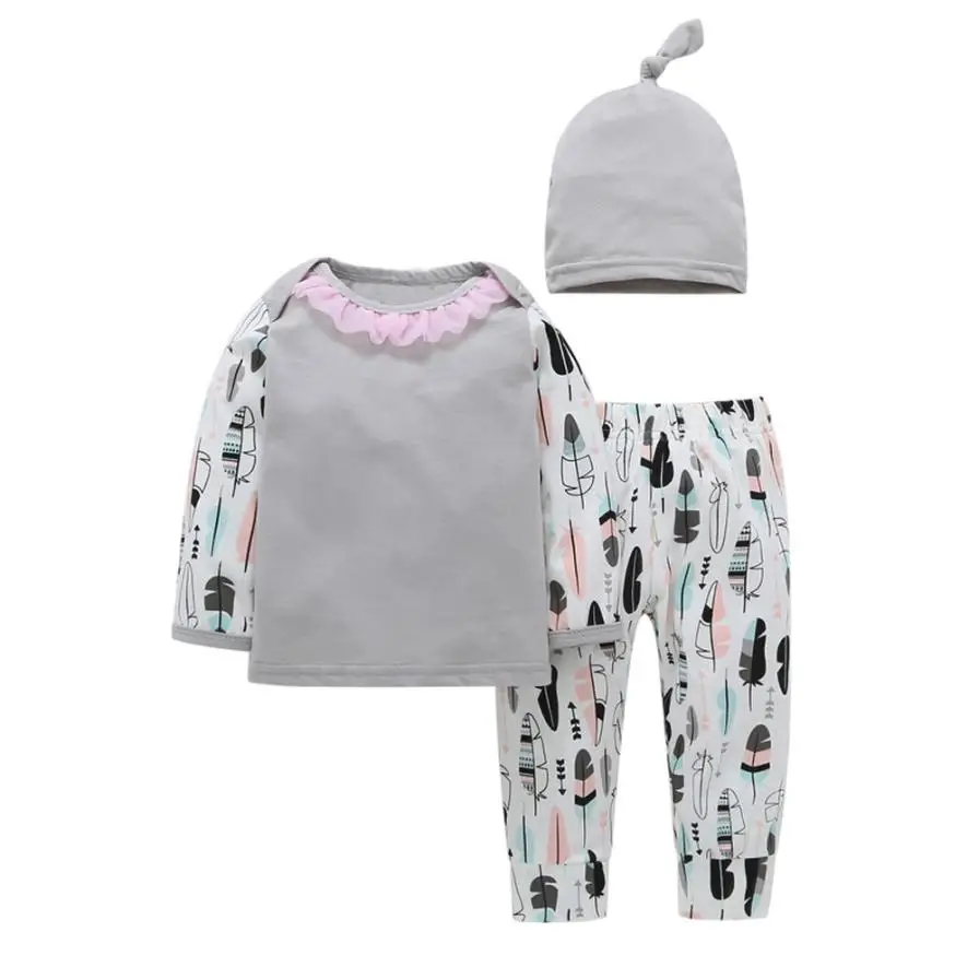 Children Clothing Newborn Baby Infant Boy Girl Gauze Print Tops+Pant+ Cap 3PCS Outfits Set