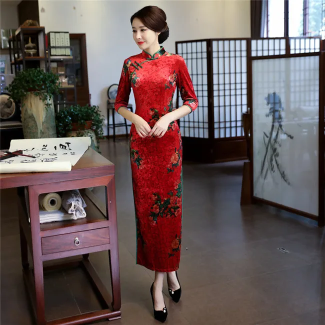 Зеленый зима/весна Cheongsam Qipao женское бархатное длинное платье китайское традиционное платье с коротким рукавом винтажные Cheongsams размер S-3XL - Цвет: Red