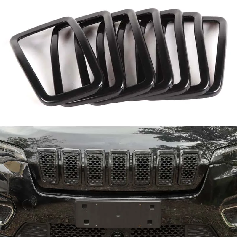

YAQUICKA ABS 7Pcs Black Exterior Car Styling Front Center Grill Trim For Jeep Cherokee 2019 Car Accessories New