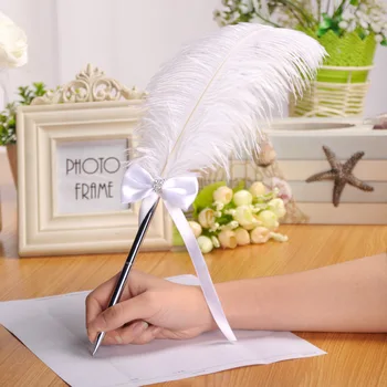 

40cm Feather Pen Smooth Writing Ink Ballpoint Pen Bow Signing Pens for Wedding J2Y