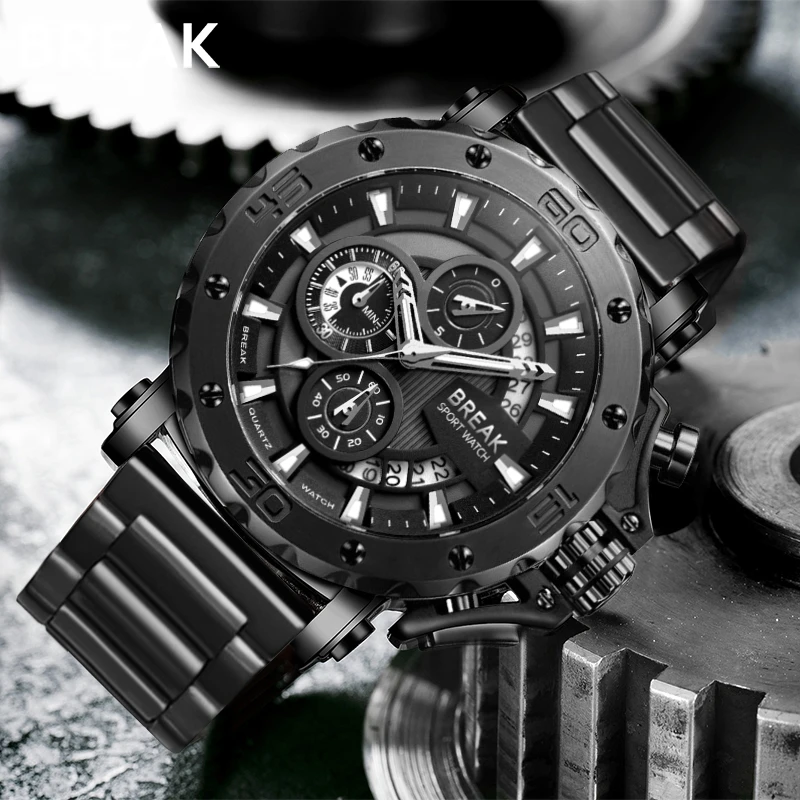  BREAK Men Quartz Watches Top Luxury Brand Stainless Steel Band Casual Fashion Chronograph Luminous 